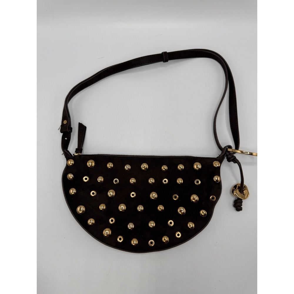 Zara Studded Crescent Shoulder Bag Brown Faux Suede Gold Studs 6496/410